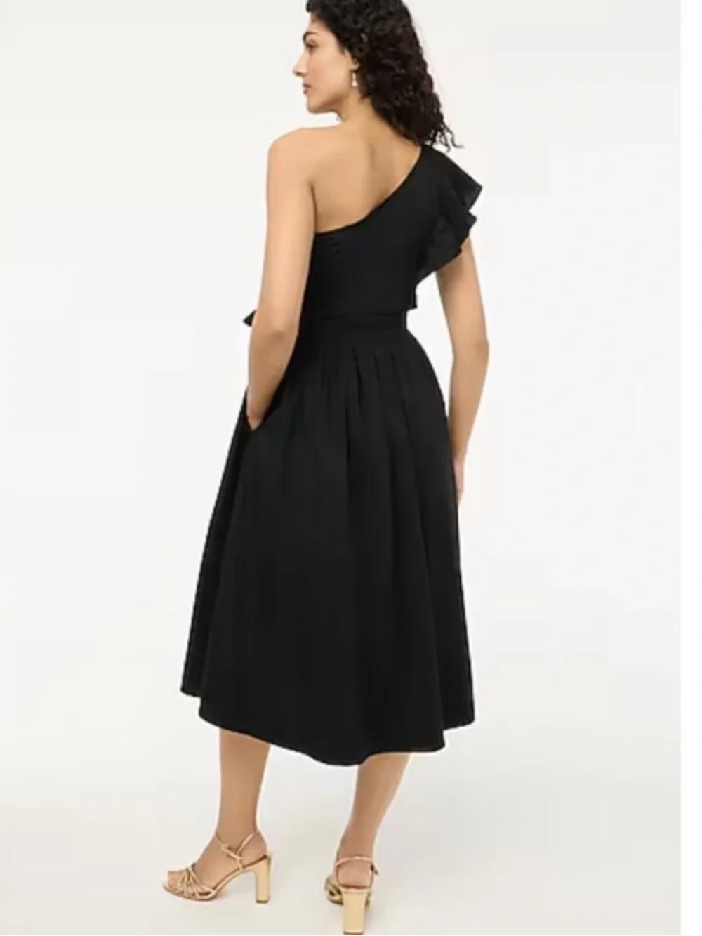 J. Crew One Shoulder Midi Dress size 6 Black Ruffle Travel Cruise CA430